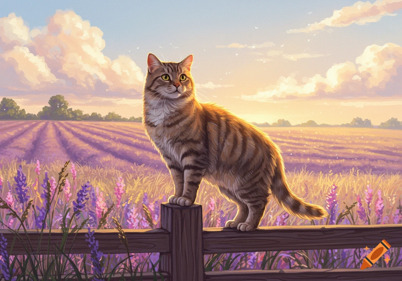 A striped tabby cat stands on a wooden fence post in a blooming purple lavender field at sunset, digital painting style.