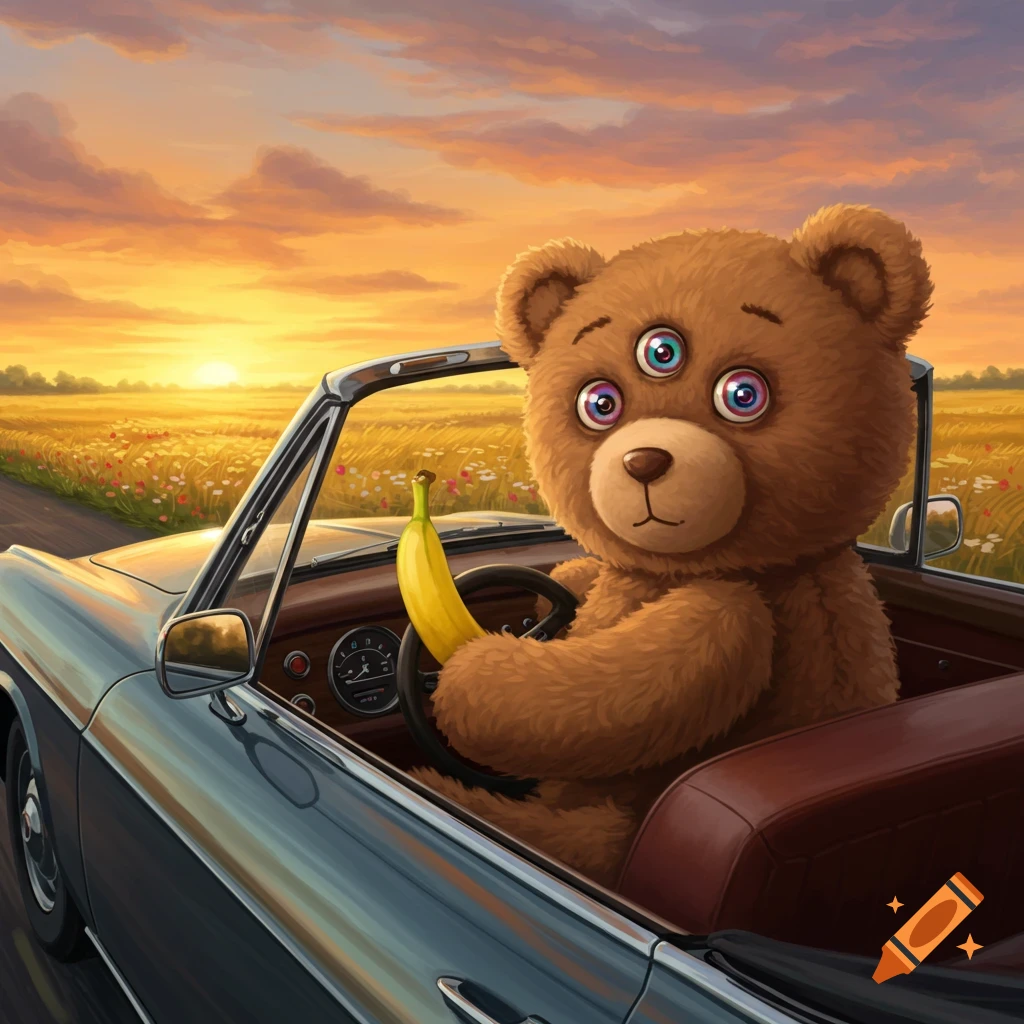 An illustration of a three-eyed teddy bear driving a convertible car with a banana in its hand, through a field at sunset.