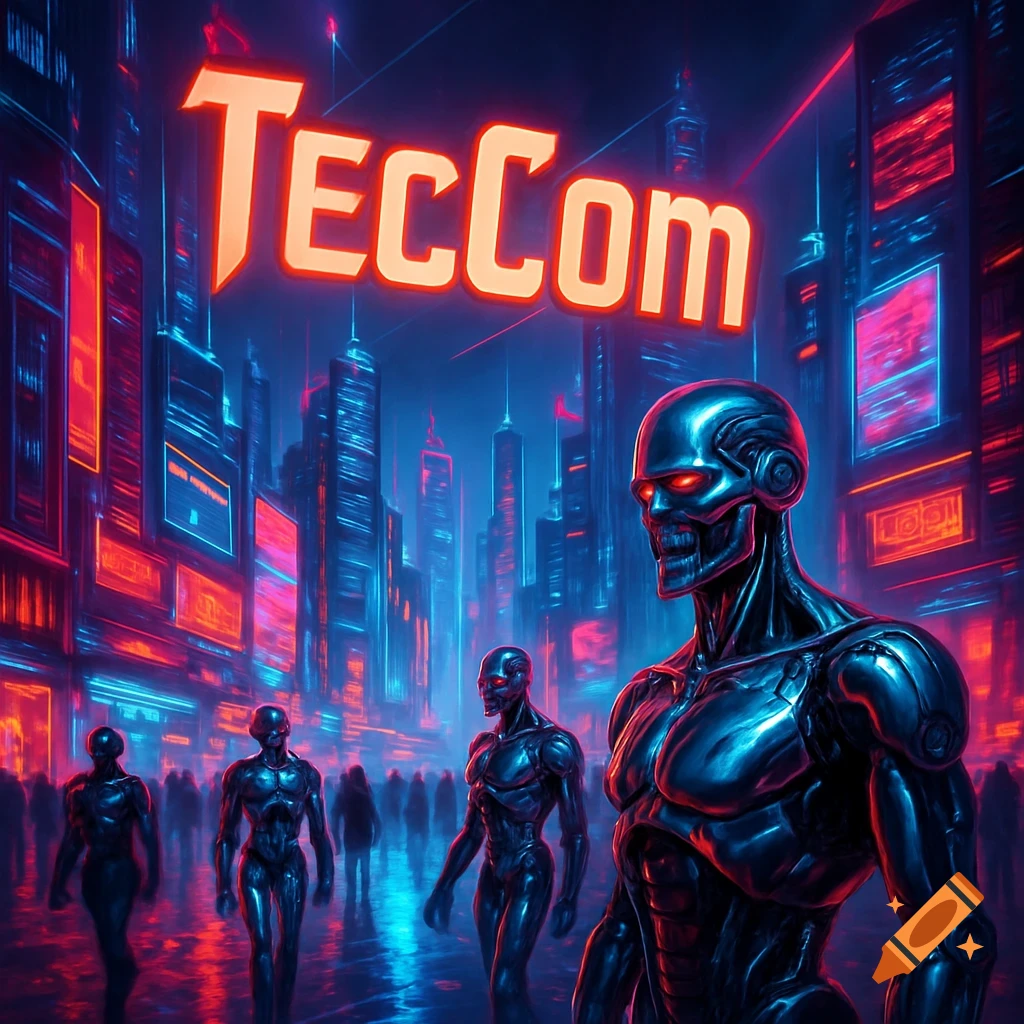 Cyborgs with glowing red eyes walk through a neon-lit retro-futuristic cityscape under a large 'TecCom' sign.