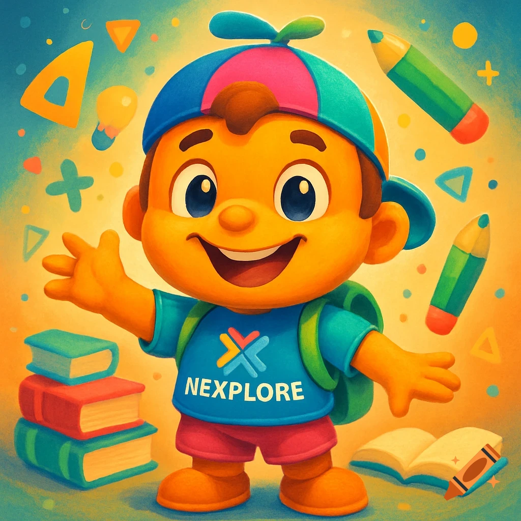 A cute, smiling cartoon boy mascot with a propeller hat, backpack, and 'NEXPLORE' shirt, surrounded by school supplies on a vibrant background.