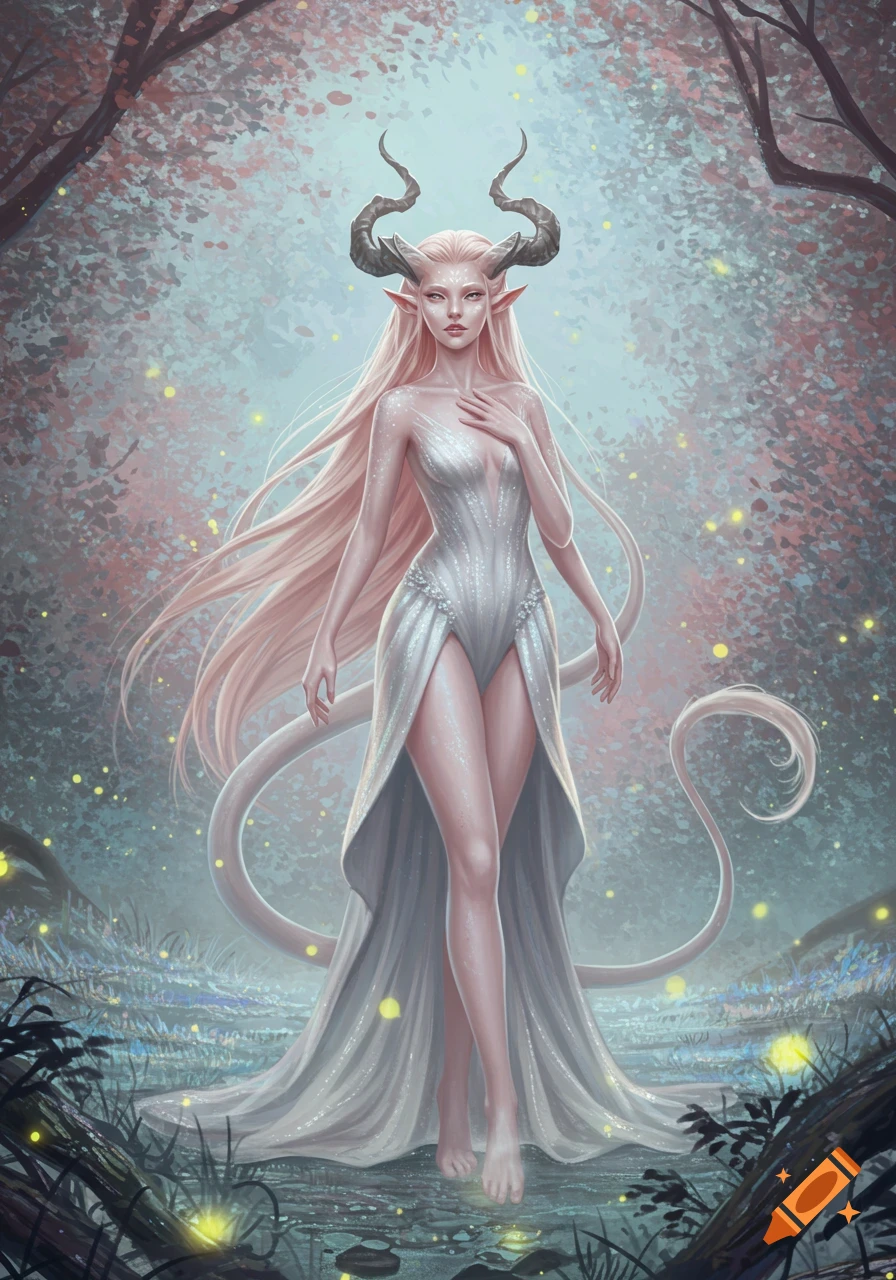 A pale-skinned horned and tailed fantasy woman in a white gown stands regally in a mystical forest with glowing lights. Digital art.