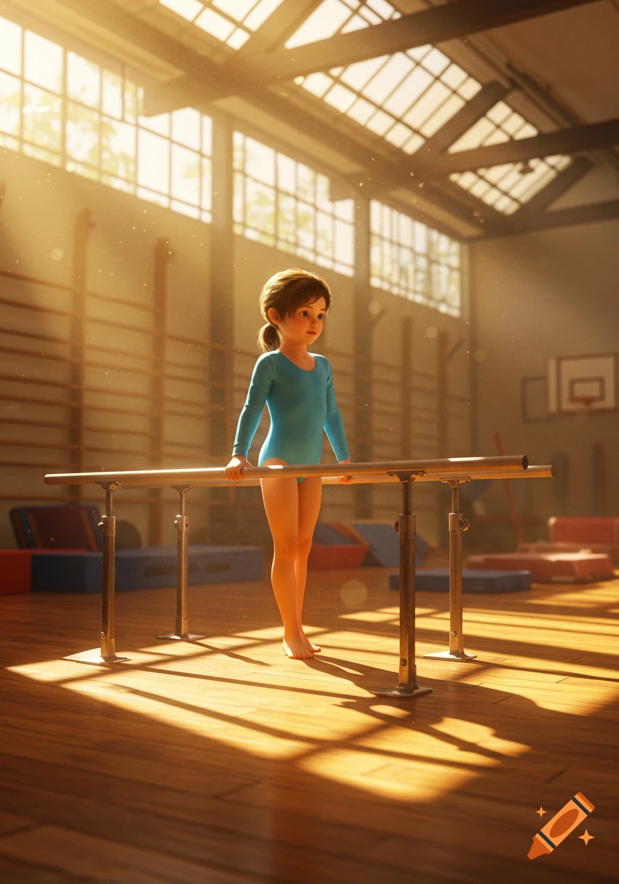 A young animated girl in a blue leotard stands at parallel bars in a sunlit gymnasium.