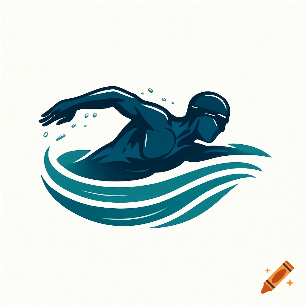 A stylized blue and teal logo of a swimmer doing the crawl stroke in water.