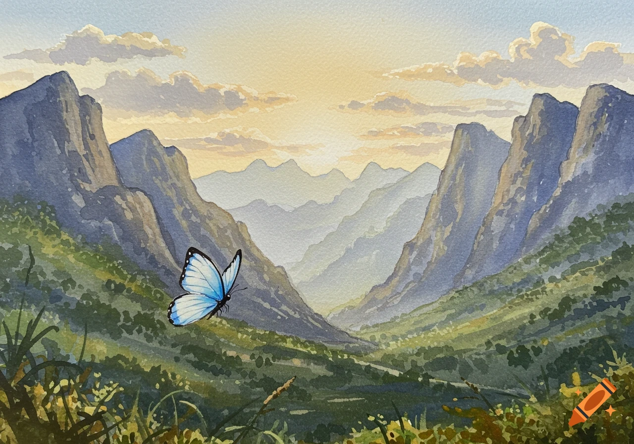 A watercolor painting of a blue and white butterfly flying over a green valley with mountains and a shining sun.