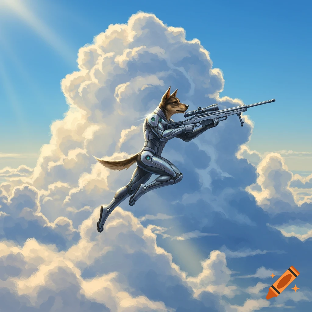 An anthropomorphic dog in a futuristic suit flies through a cloudy blue sky, holding a sniper rifle, digital illustration.