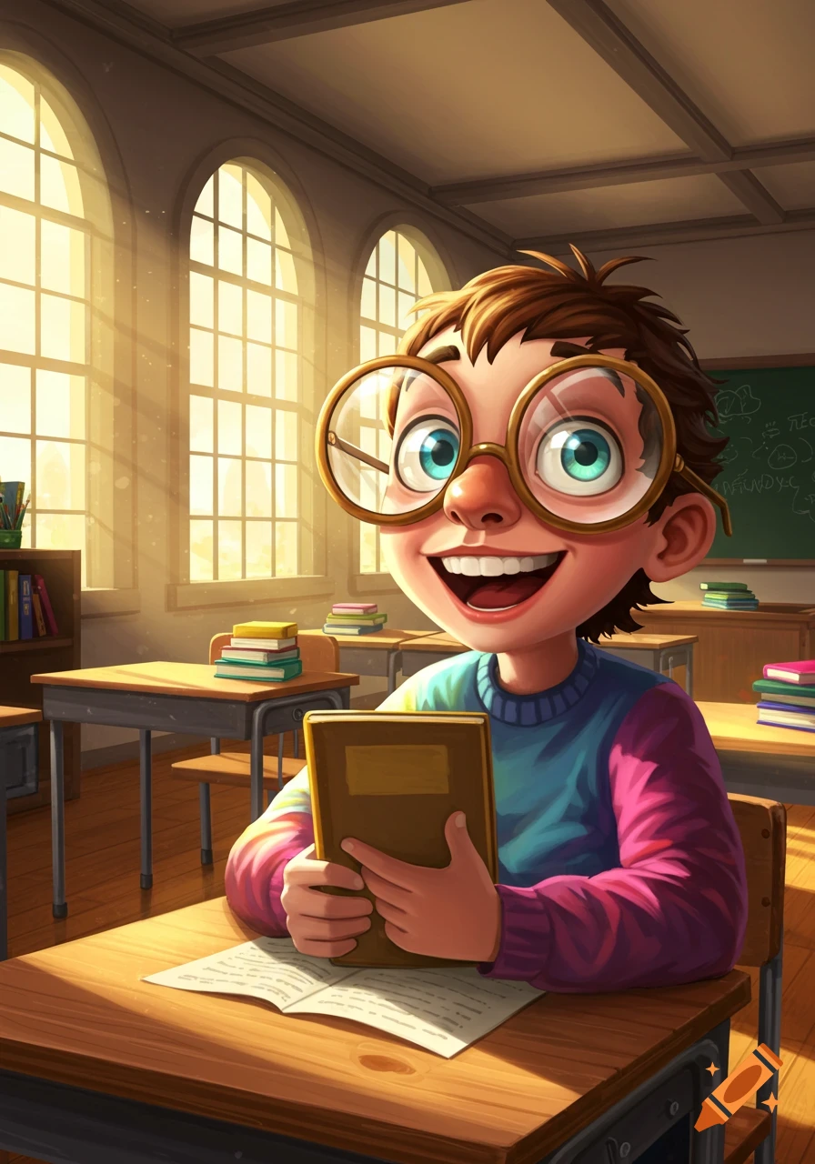 A happy cartoon pupil with big round glasses sits at a desk in a sunny classroom, holding a book and smiling.