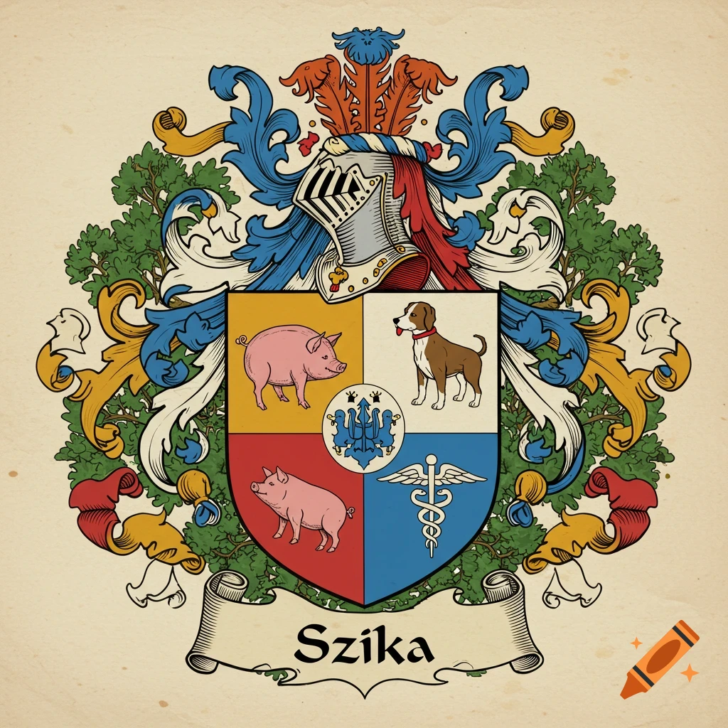 Colorful coat of arms with a knight's helmet and foliage above a shield. The shield features two pink pigs, a brown dog, a blue abstract symbol, and a caduceus. The name Szika is on a banner below.