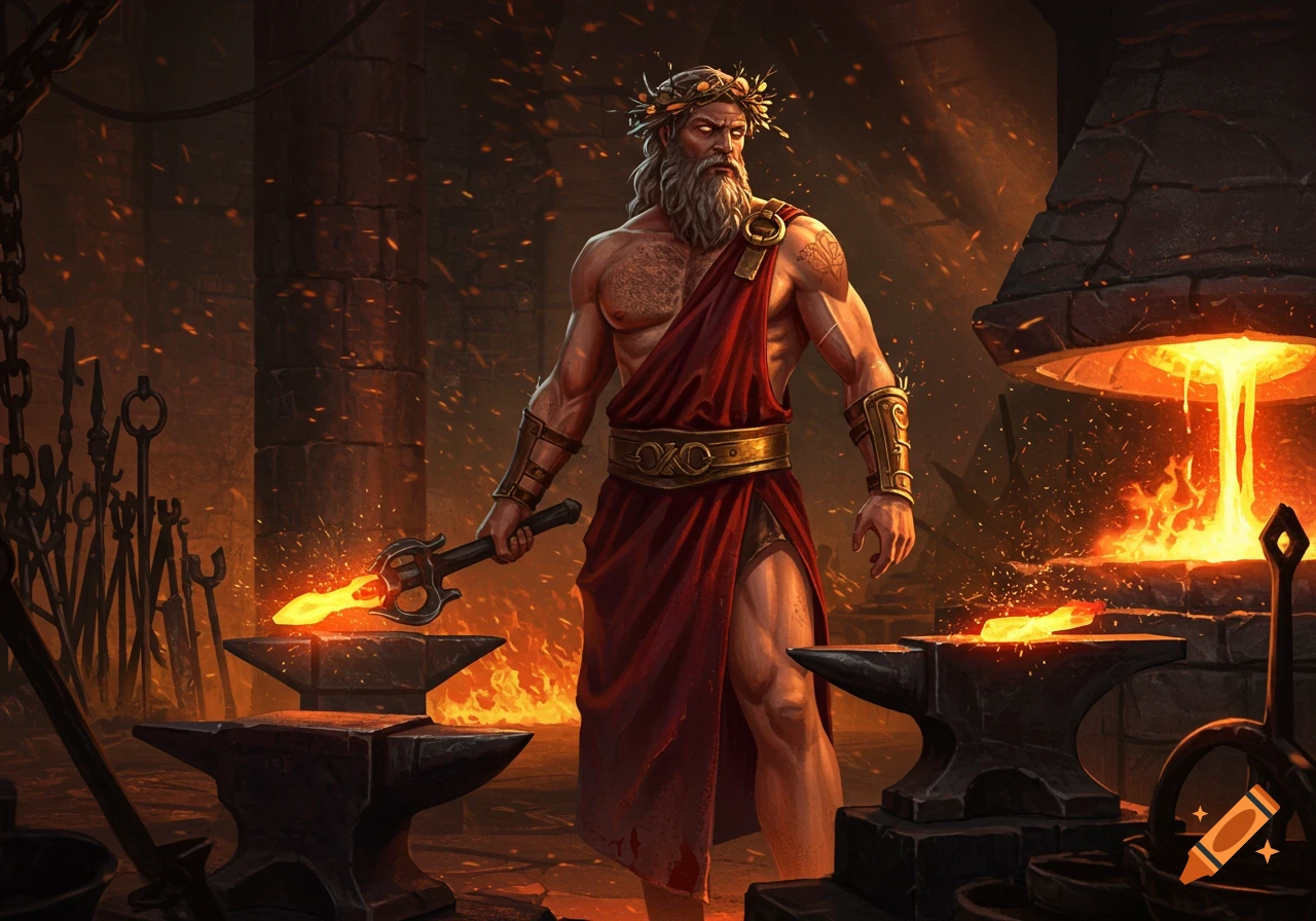 A powerful, bearded man with a laurel crown and red toga stands in a fiery forge, holding a glowing metal object over an anvil.