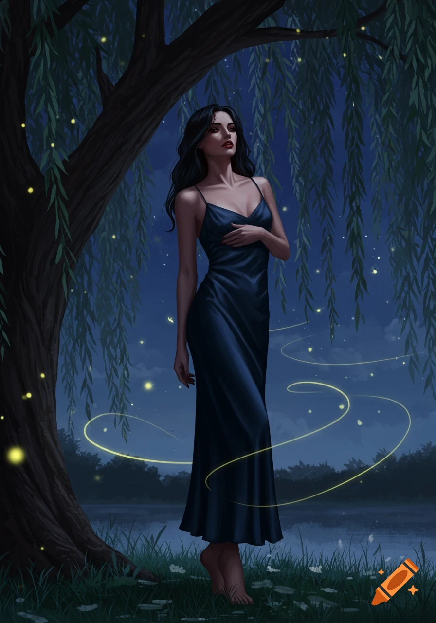 Illustration of a woman in a dark slip dress standing barefoot by a lake at night, surrounded by fireflies and a willow tree.