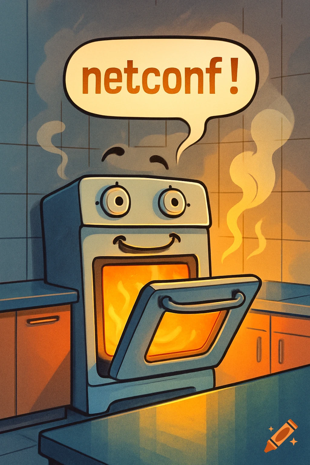 Cartoon illustration of a smiling oven with an open glowing door in a kitchen, saying "netconf!" in a speech bubble.