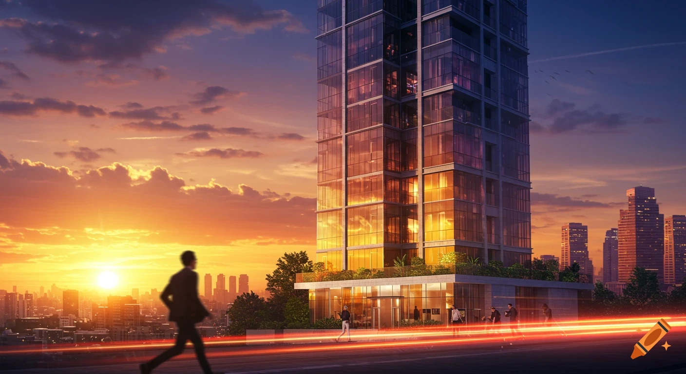 A modern glass skyscraper at sunset in a city, with blurry people and red light trails on the street.