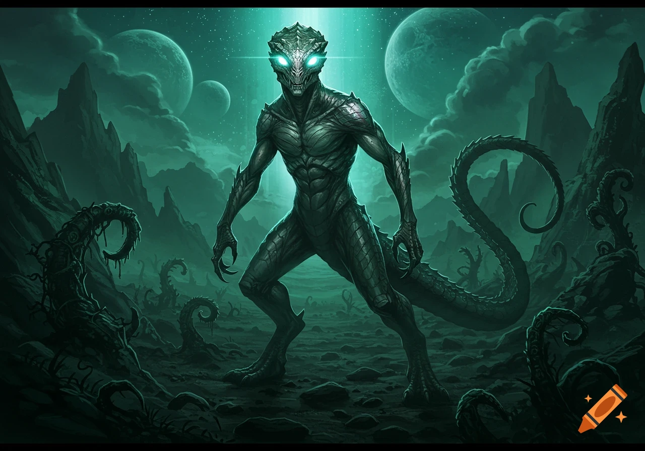 A menacing reptilian alien with glowing eyes stands on a desolate, green-lit alien planet with large moons in the background.