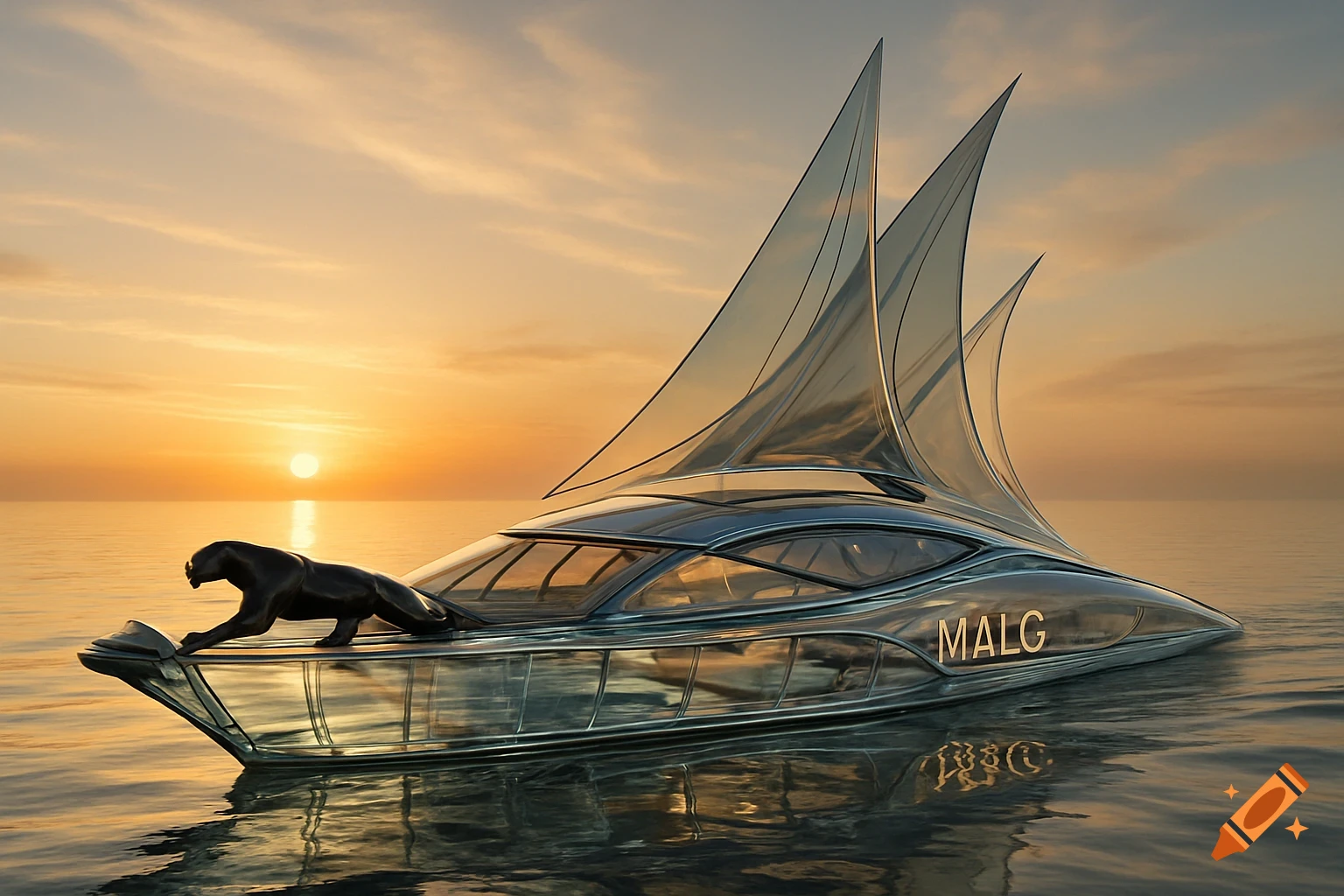 Photorealistic futuristic glass yacht with clear sails and a black panther figurehead sailing on the ocean at sunset.