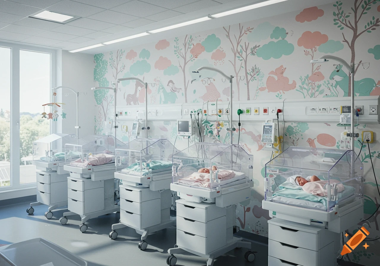 A modern newborn nursery room with several babies sleeping in clear plastic incubators. The wall features a cheerful pastel nature-themed wallpaper.