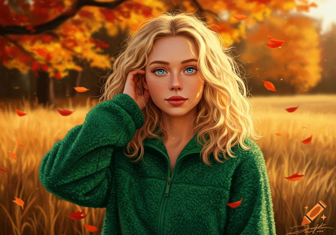 A realistic digital art portrait of a blond-haired woman with blue eyes in a green fleece jacket, standing in an autumn landscape with falling leaves.