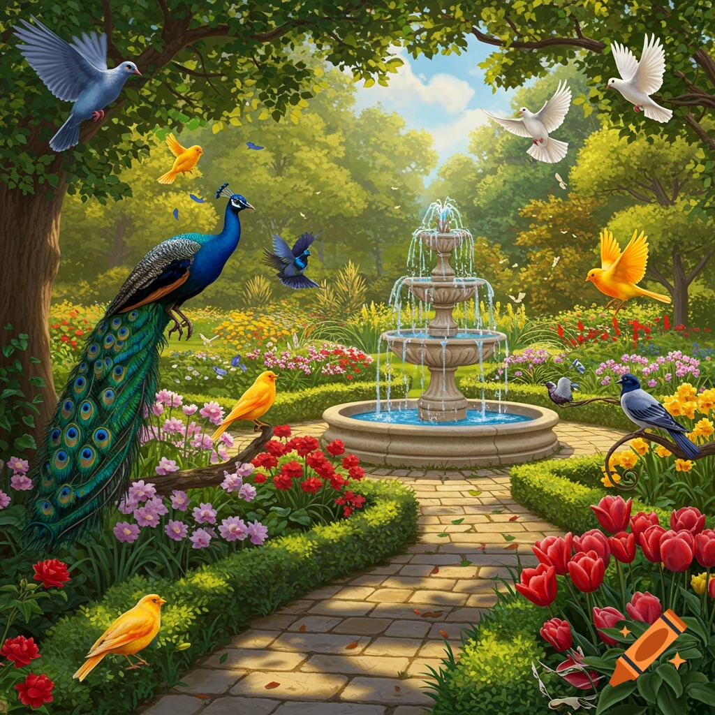 A vibrant garden scene with a tiered fountain, a peacock, and many colorful birds among blooming flowers and lush trees. A stone path winds through the garden.