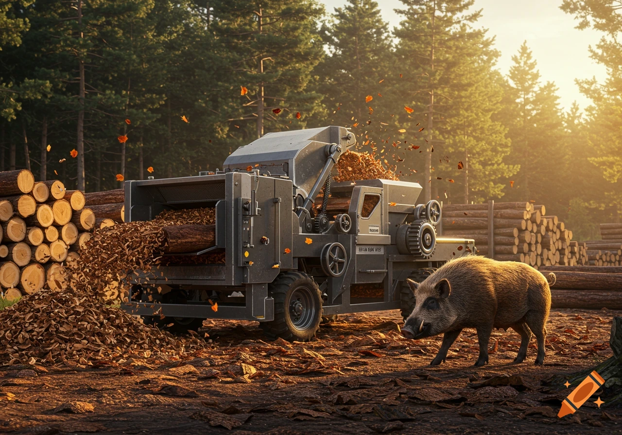 A wood debarker machine processes logs in a sunlit forest, with a wild boar standing near piles of wood chips and stacked logs.