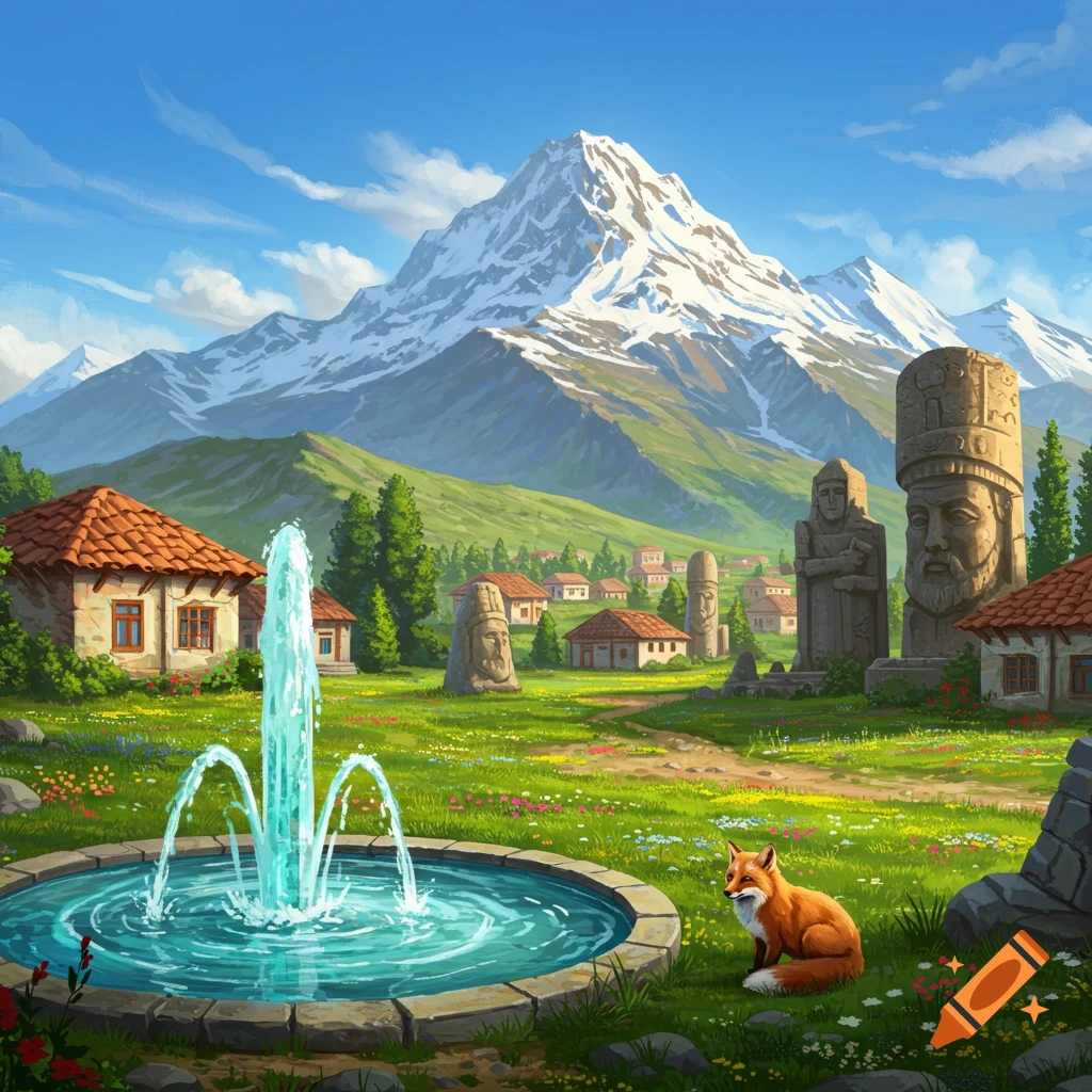 Illustrative landscape of a village in a green valley with snow mountains, a fountain, ancient statues, and a red fox.