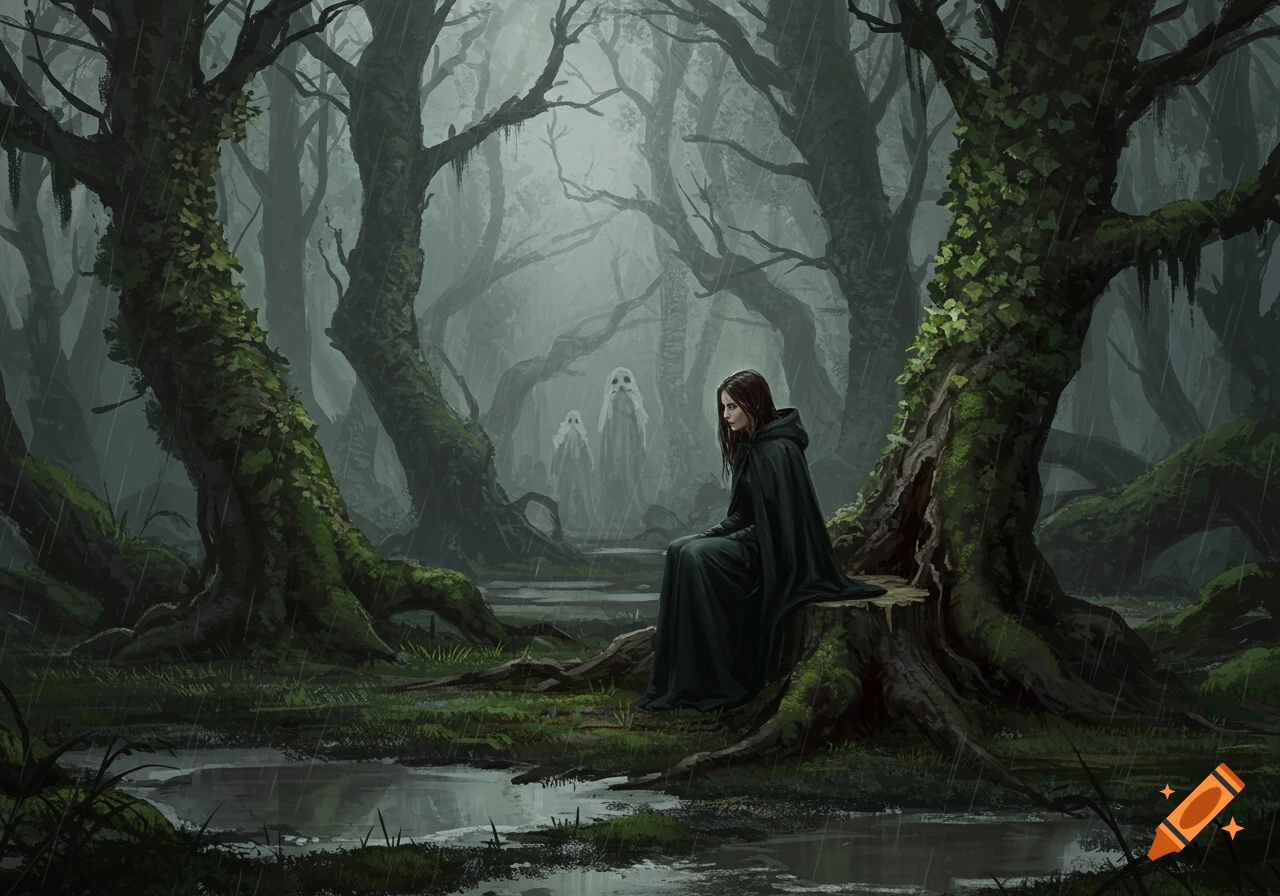 A lone woman in a dark hooded cloak sits on a tree stump in a misty, rainy forest, with two ghostly figures in the background.