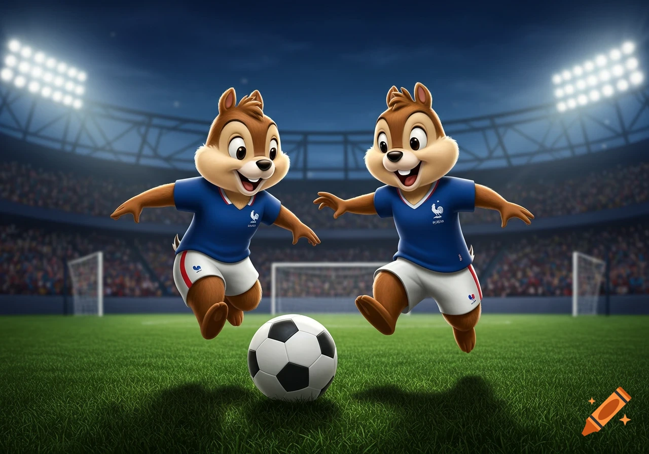 Two cartoon chipmunks in blue and white French soccer uniforms kick a soccer ball on a stadium field under bright lights.
