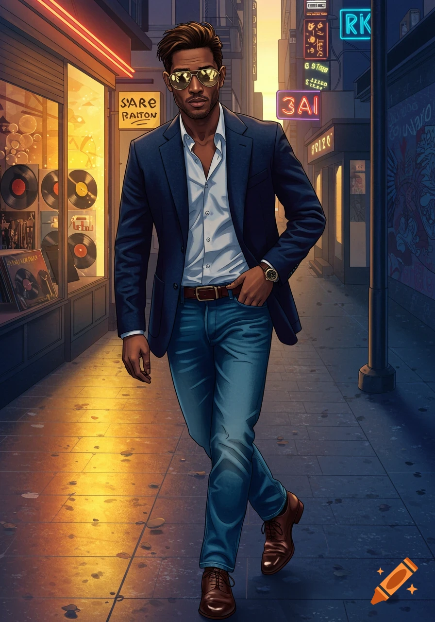A stylish man in a navy suit jacket, white shirt, and jeans walks down a city street lined with shops, in an illustrative style.