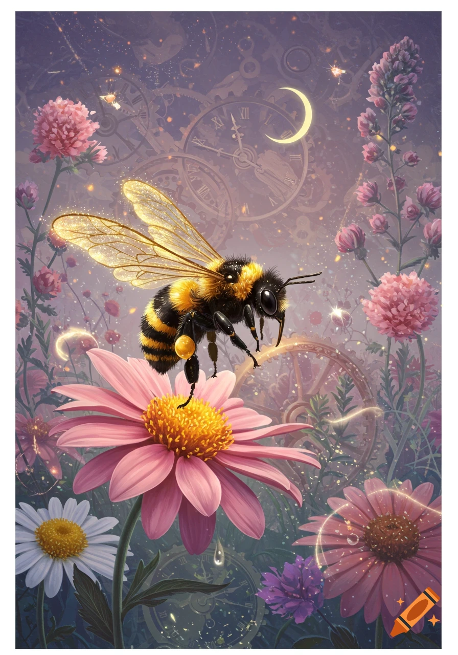 A detailed bumblebee with glowing wings hovers over a vibrant pink daisy in a magical garden with clock gears and a crescent moon.