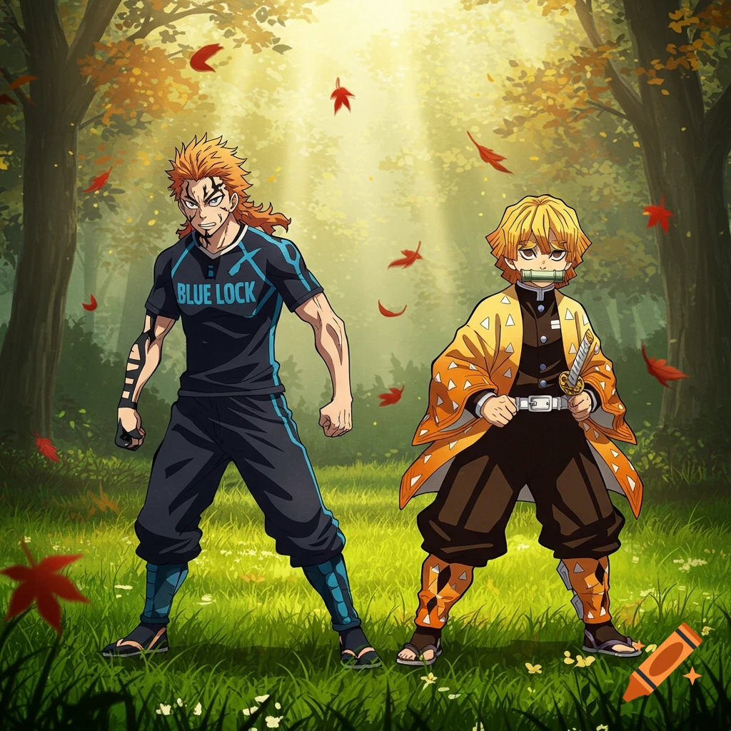 Anime characters Kunigami from Blue Lock and Zenitsu from Demon Slayer stand in a vibrant autumn forest.