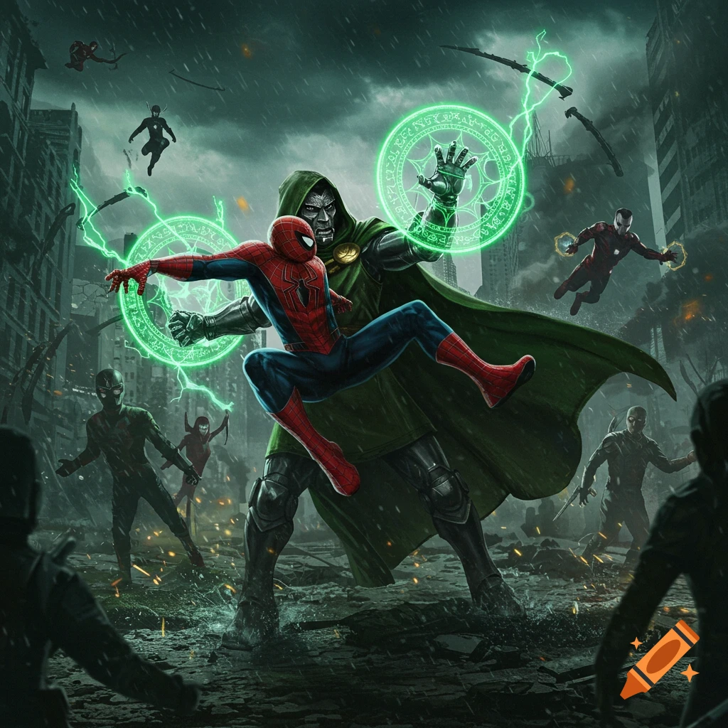 Spider-Man and Doctor Doom battle in a destroyed city, surrounded by other heroes and villains. Doom casts green magic as Spider-Man dodges.