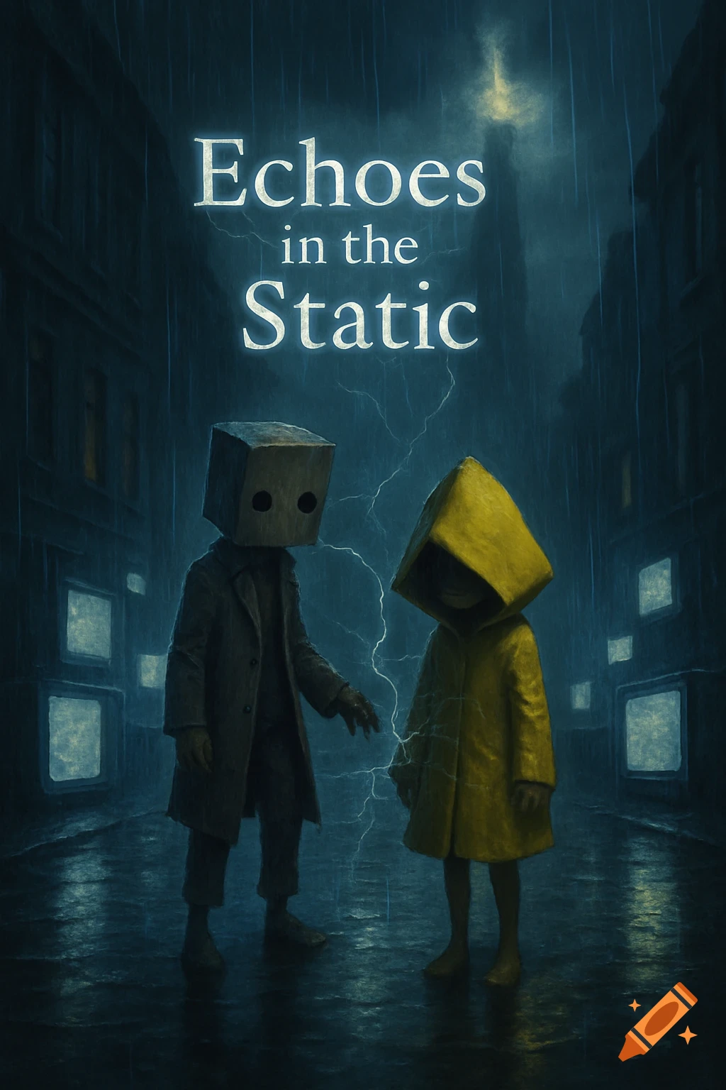 A stylized image of two small figures, one with a box-head, the other in a yellow raincoat, standing in a dark, rain-soaked city street. Text reads "Echoes in the Static" above them.