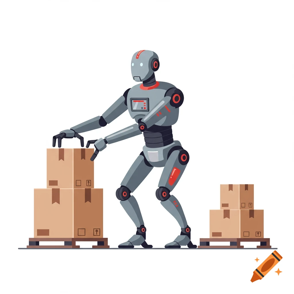A gray robot with red accents stacks brown cardboard boxes on a wooden pallet.