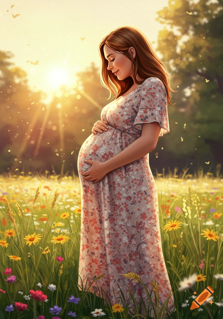 A serene pregnant woman in a floral dress stands in a sunny field of wildflowers, gently holding her belly. Stylized illustration.
