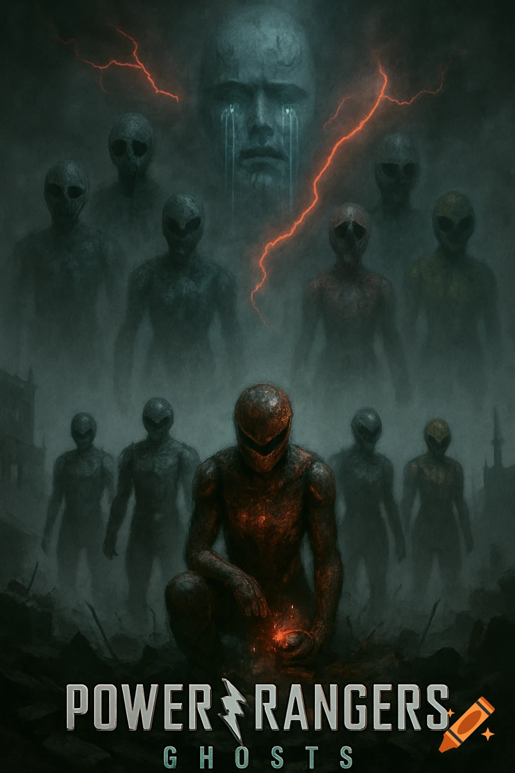 Dark, misty Power Rangers Ghosts poster with spectral figures, a kneeling ranger with glowing hands, and a giant crying face in stormy clouds.