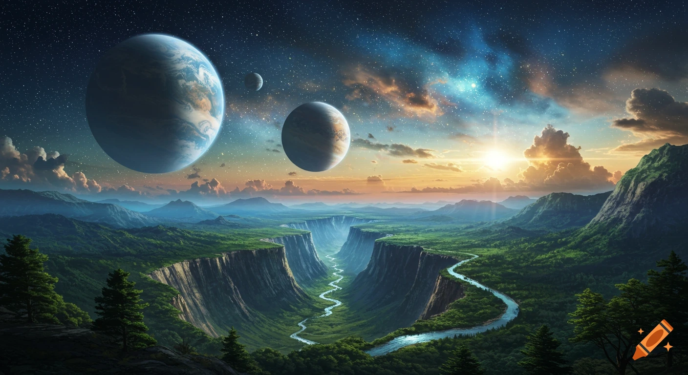 Vast alien landscape with a deep river gorge, lush green trees, and towering cliffs under a starry sky with multiple planets and a bright sunset.