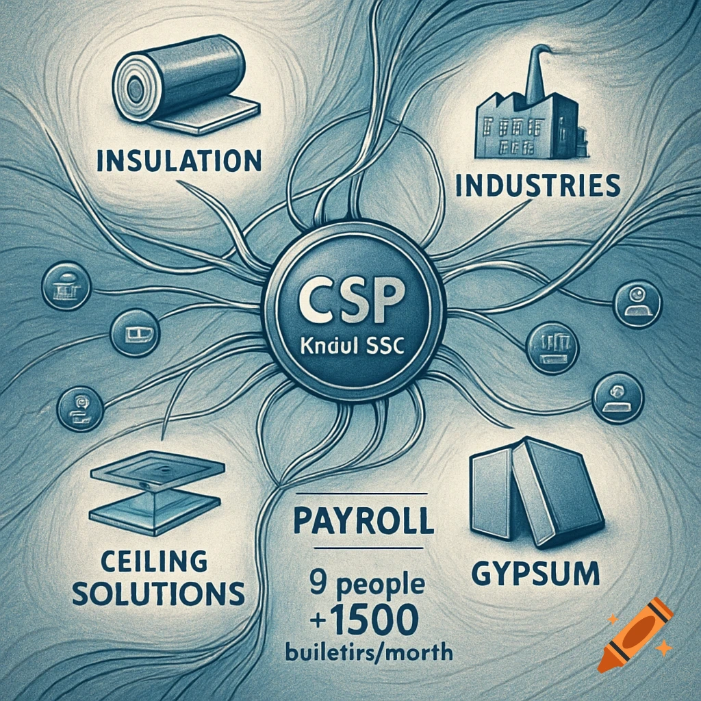 A blue diagram with 'CSP Knauf SSC' at the center, surrounded by icons and text for 'Insulation', 'Industries', 'Ceiling Solutions', 'Gypsum', and 'Payroll'.