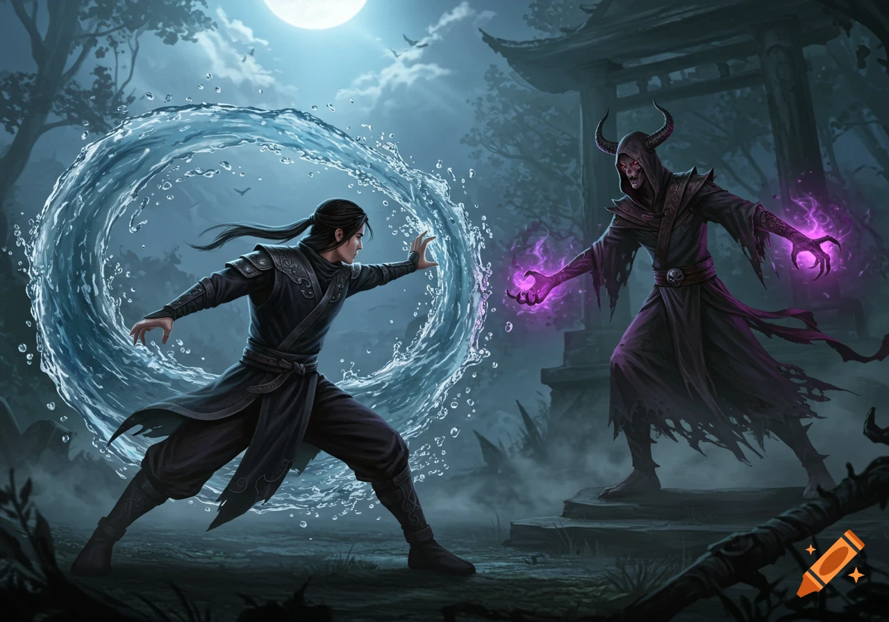 A martial artist summons a water ring against a horned, skull-faced sorcerer casting purple magic under a full moon near a pagoda.