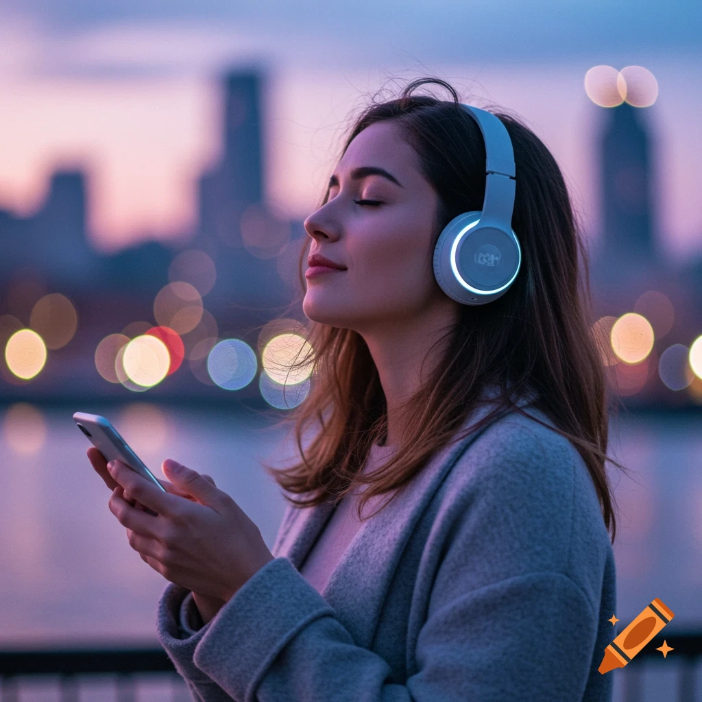 A young woman with closed eyes and white headphones listens to music on her smartphone at dusk, with city lights blurred in the background.