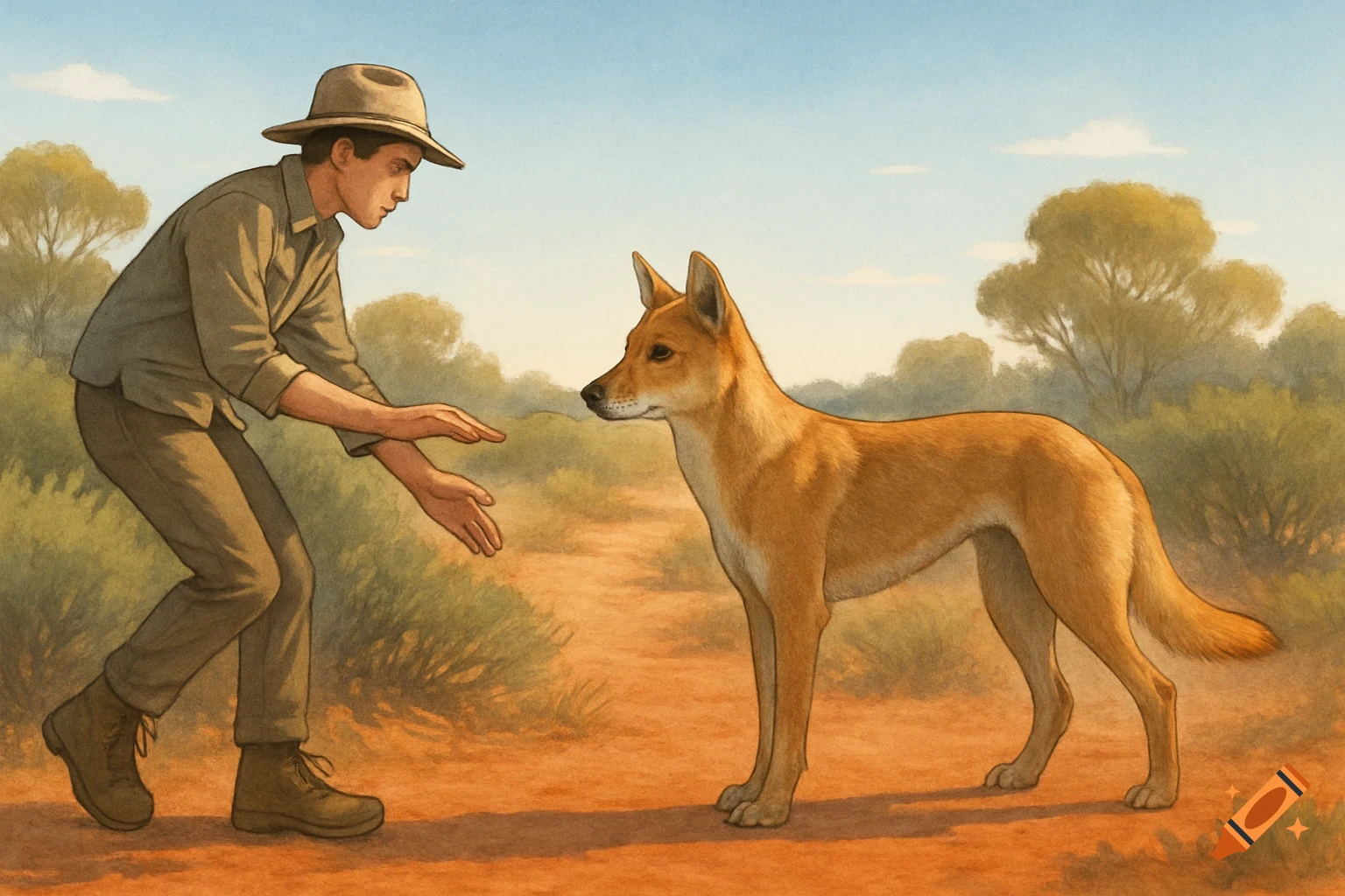 An illustration of a person in a hat leaning towards a dingo in an arid, scrubby landscape.