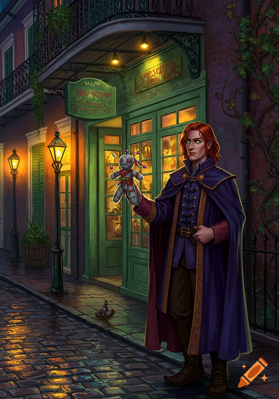 A red-haired man in a purple cape holds a voodoo doll on a rainy New Orleans street with gas lamps and a shop sign at night in a detailed art style.