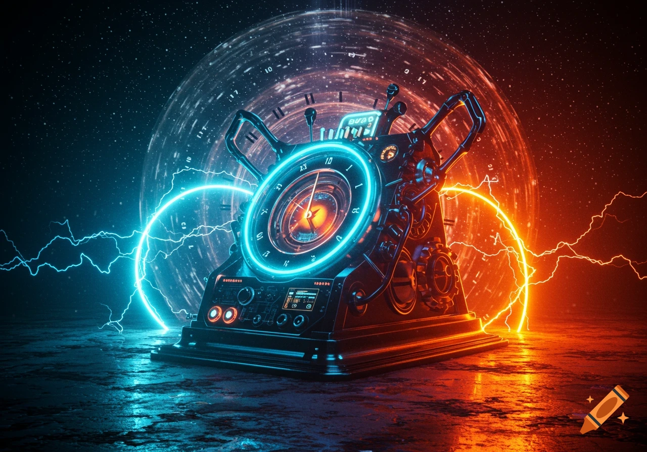 A glowing, intricate time machine with neon blue and orange lights, surrounded by electric arcs against a starry, cosmic background.
