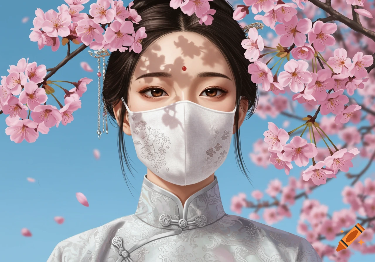 Close-up of a Chinese girl in a white floral mask and traditional outfit, framed by pink cherry blossoms against a blue sky, digital art.