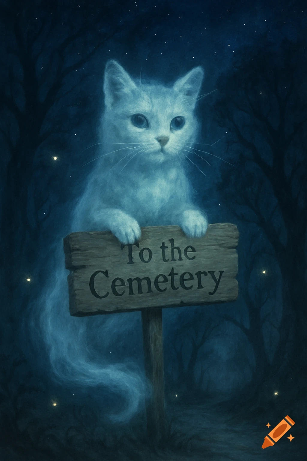 A glowing blue ghost cat holds a wooden sign reading 'To the Cemetery' in a dark, star-filled forest at night.