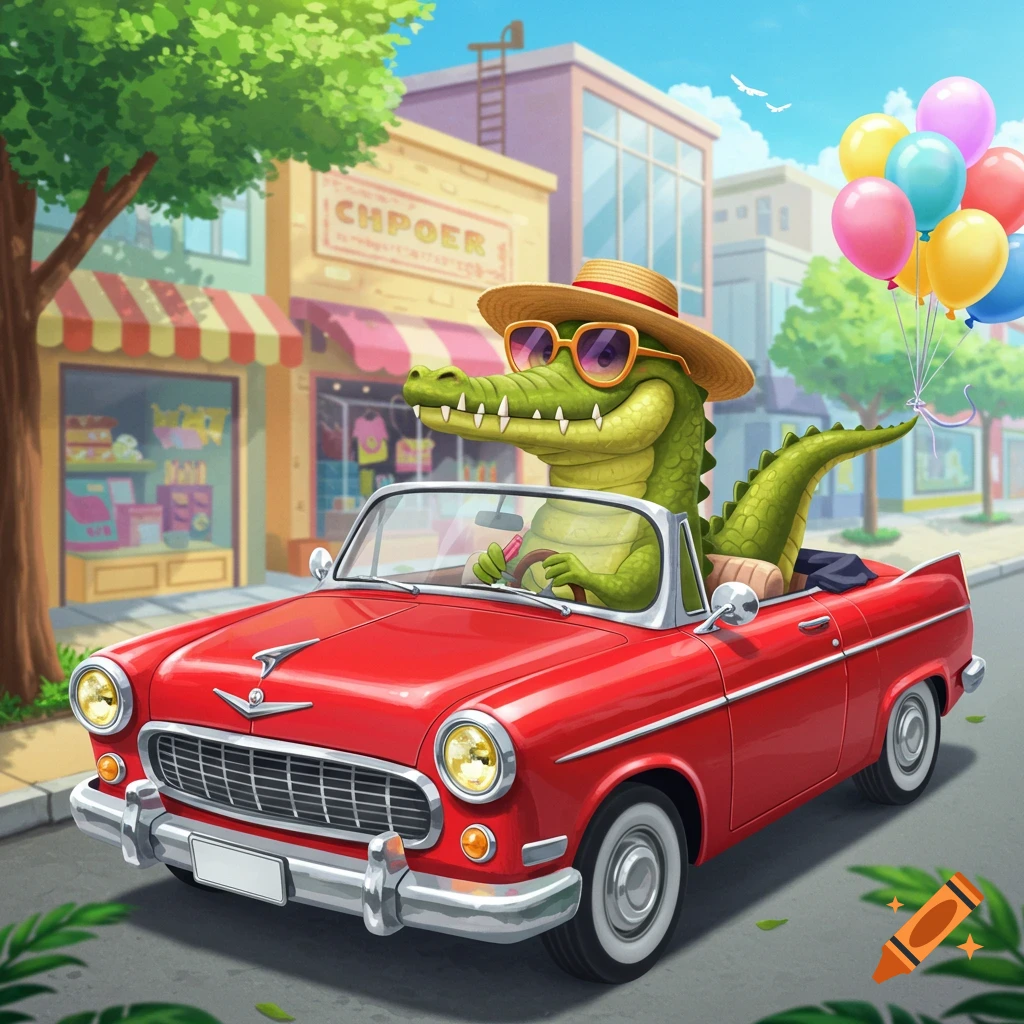 A cartoon crocodile in a straw hat and sunglasses drives a red convertible car down a city street with balloons.
