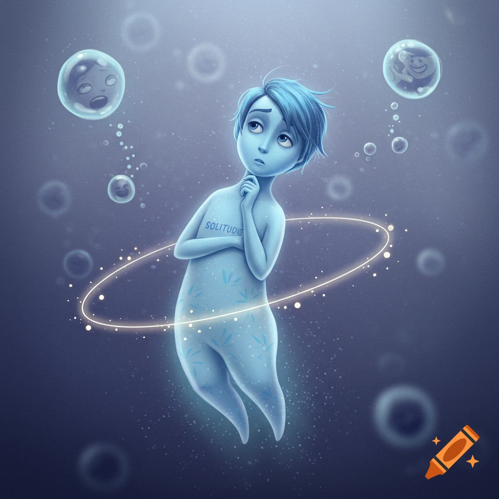 A blue humanoid figure resembling Sadness from Inside Out, with 'SOLITUDE' on its chest, floats in a dark blue, bubbly space with a glowing ring.