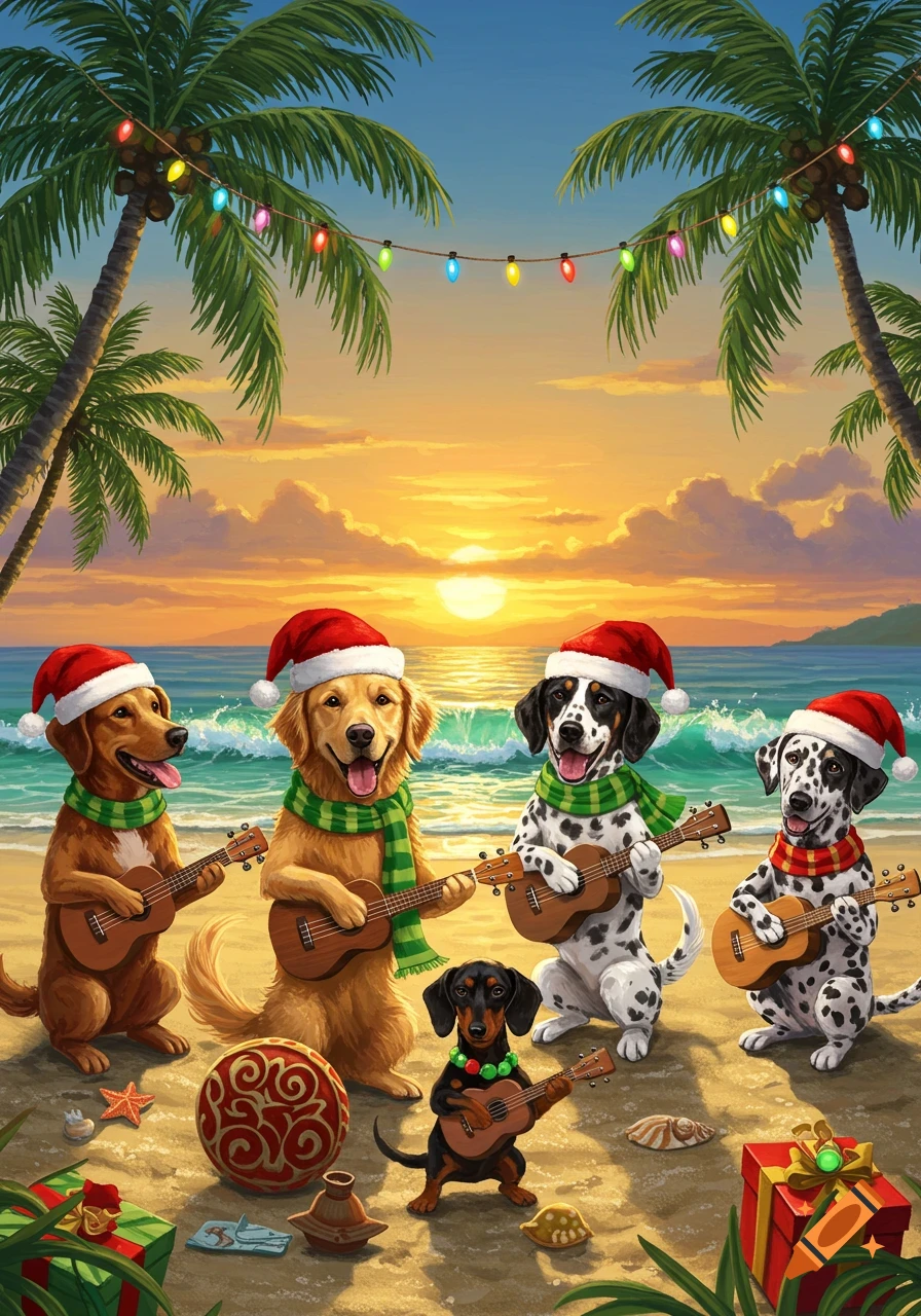 Five happy dogs in Santa hats and scarves play ukuleles on a tropical beach at sunset with Christmas lights and gifts.