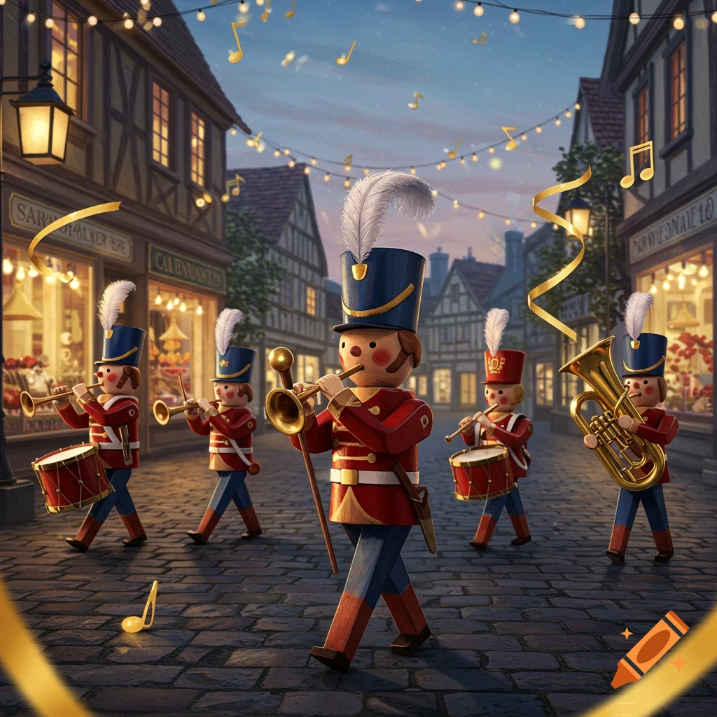 A magical toy marching band parades down a cobblestone street at dusk, with festive lights and musical notes floating in the air.