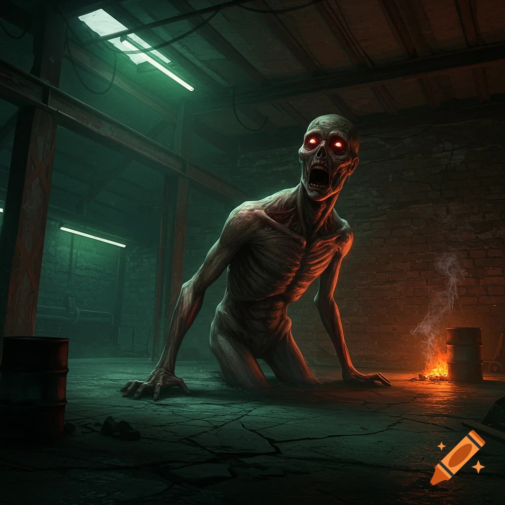 A horrifying, emaciated creature with glowing red eyes crouches and screams in a dark, dilapidated industrial basement.