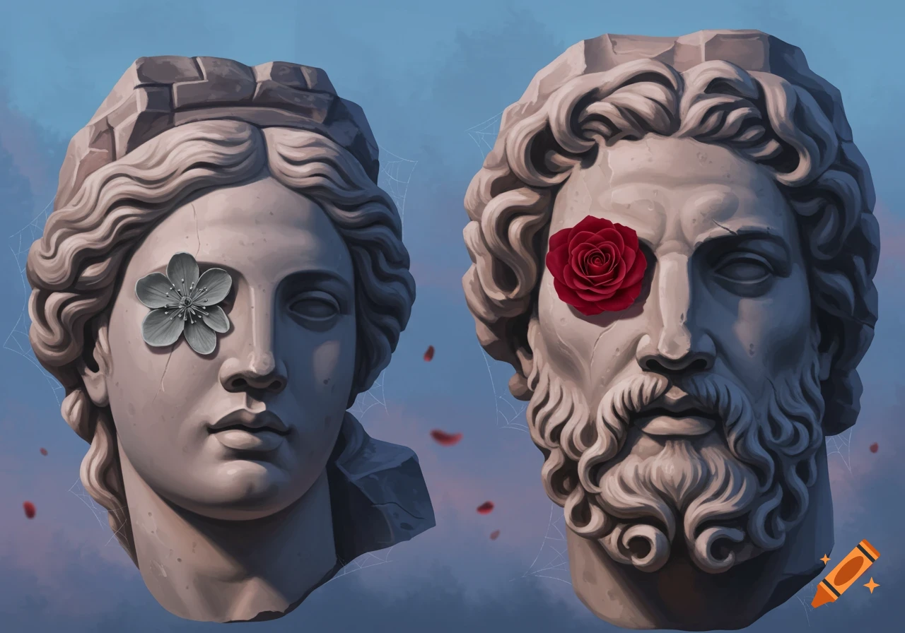 Two classical stone statue heads: a female with a grey flower in her right eye, and a bearded male with a red rose in his left eye, against a blue sky.