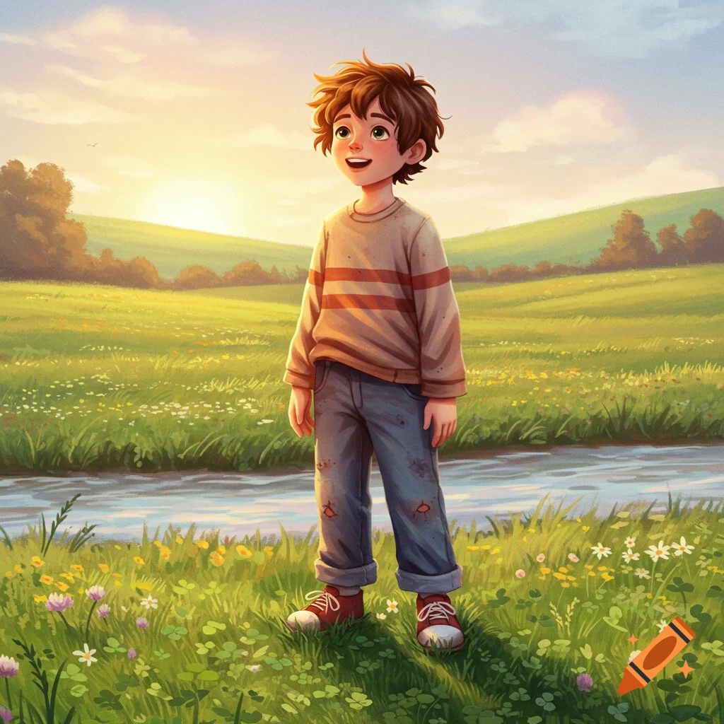 A cheerful boy with curly hair stands in a vibrant green meadow next to a stream, under a warm sunset sky, in an illustration style.