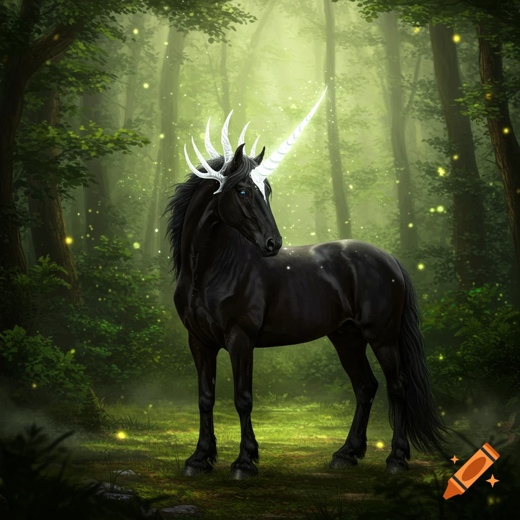 A majestic black unicorn with a glowing white horn and antlers stands in a misty, magical forest with sparkling lights.
