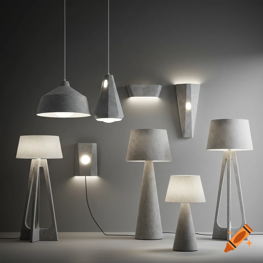 A collection of modern concrete design lamps, including pendant, wall-mounted, and floor lamps, displayed in a minimalist setting.